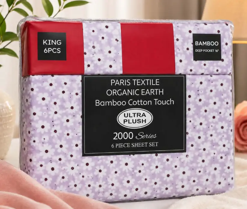 Organic Earth Bamboo Cotton 6-Piece King Size Purple Paris Sheet & Pillowcase Set, Breathable Bedding for Luxury Sleep