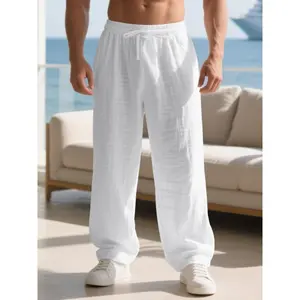 Men's Linen Long Pants, Casual Comfy Loose Fit with Pockets, Summer Home Wear, Elastic Waistband & Drawstring, Spring & Fall Fashion