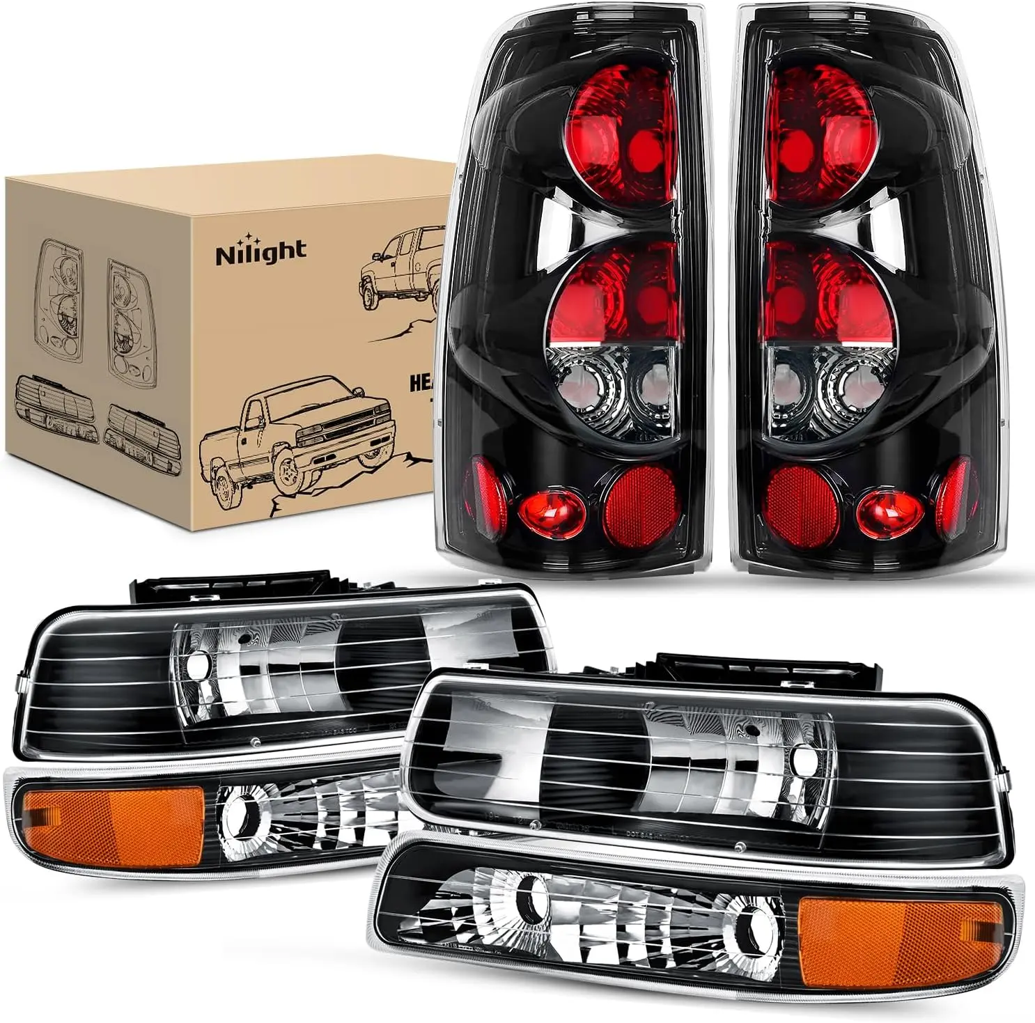 Nilight OE-Style Automotive Car Light Headlight & Taillight Assembly Combo, Polycarbonate Black Housing, Amber Reflector, Clear Lens, High-Impact, IP65 Rated, Compatible with 1999-2002 Chevy Silverado 1500/2500 & 2001-2002 1500HD/2500HD/3500