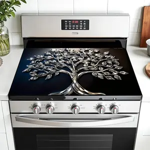 Silver Color Tree Design Non-Slip Rubber Grill Mat, Stove Panel Protector, Perfect for Home Kitchen Decor, Multi-Purpose Stove Cover