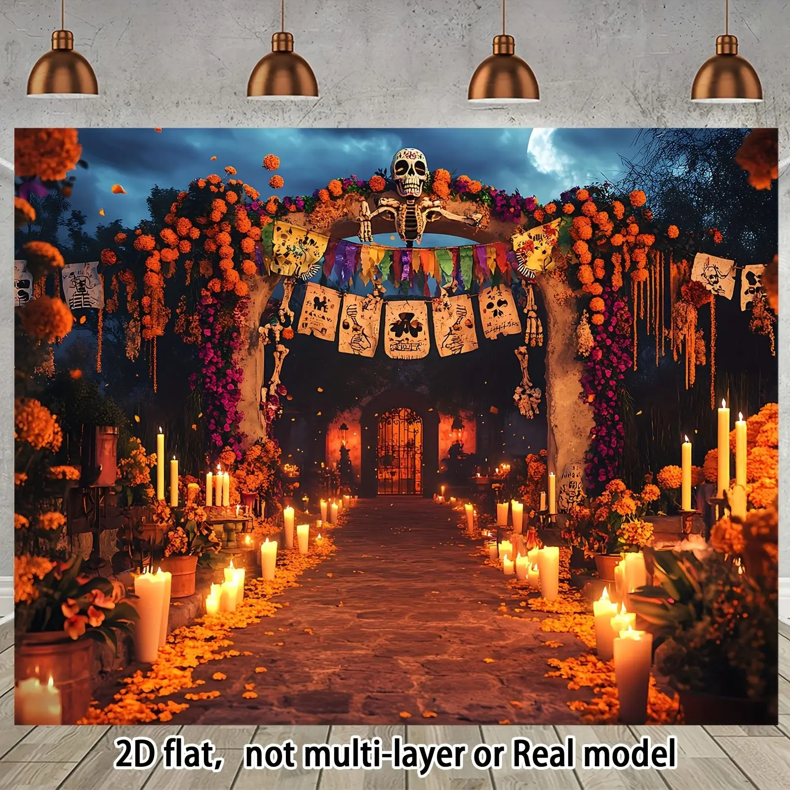 High-Quality Stain-Resistant White Polyester Day of the Dead Prints Banner - Mexican-Themed Decoration with Skeleton Print, Lanterns, Floral Accents - Modern Indoor Party Photo Booth Backdrop