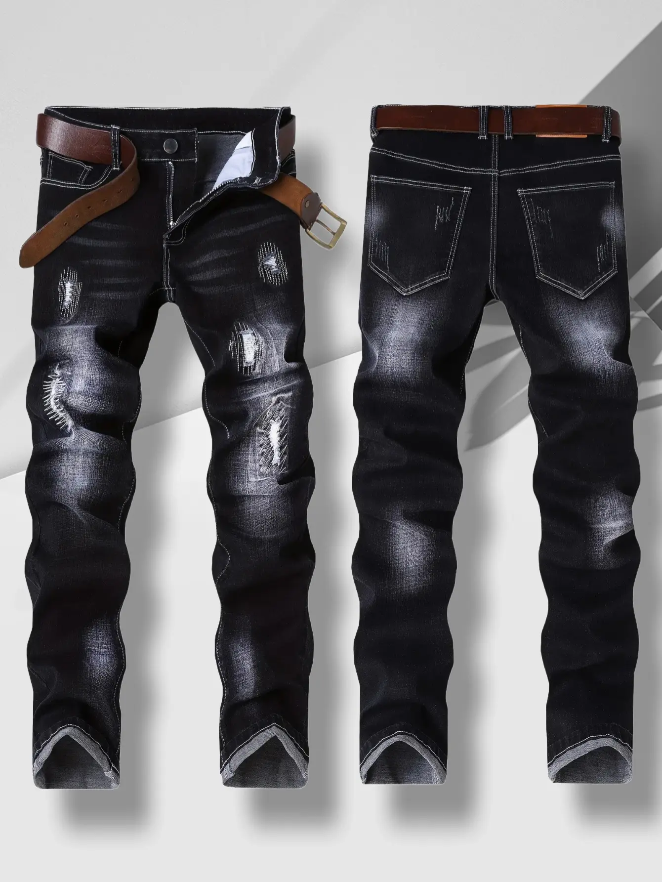 Men's jeans, stretch ripped jeans with embroidery, slim fit, dark blue distressed men's pants, suitable for all seasons compression  pants  ripped  jeans jeans  n  s it through high street jean fashion boy summer kuul  garments Casual Menswear Ripped Deni