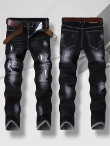 Men's jeans, stretch ripped jeans with embroidery, slim fit, dark blue distressed men's pants, suitable for all seasons compression  pants  ripped  jeans jeans  n  s it through high street jean fashion boy summer kuul  garments Casual Menswear