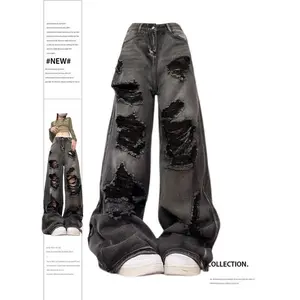 Women's Ripped Jeans Baggy Vintage Aesthetic Streetwear Cowboy Pants Harajuku Oversize Denim Trousers Y2k 2000s Trashy Clothes