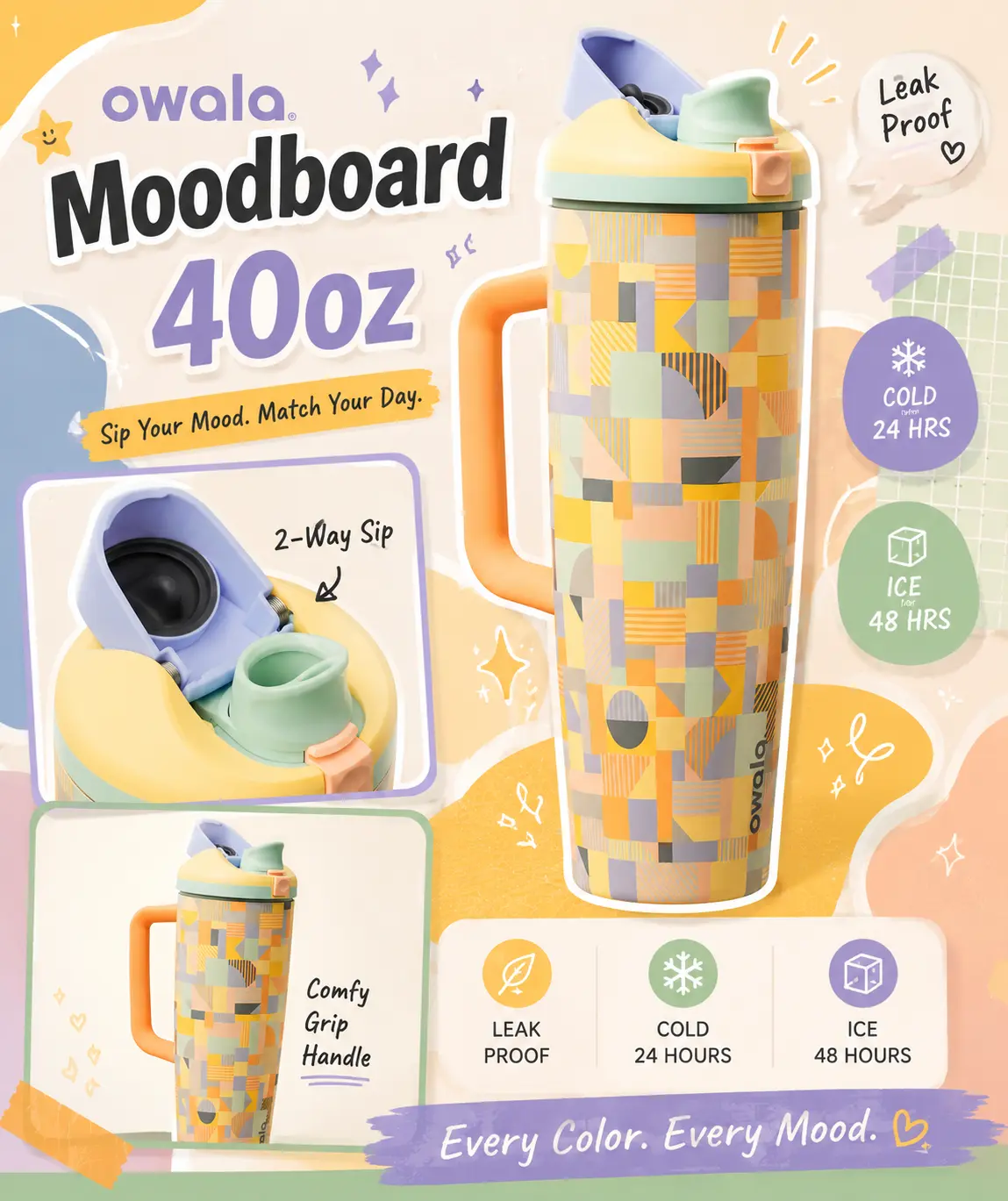 Owala Moodboard 40oz Stainless Steel Tumbler – FreeSip Straw Cup with Handle, Viral WaterTok Bottle, Gift for Her