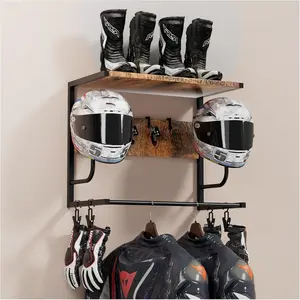 Motorcycle Helmet Holder Wall Mounted Helmet Rack with 4 Glove Chips and 4 Hooks, Rustic Holder for Most Helmets and Clothes