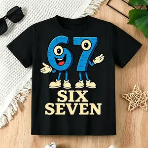 Boys' Cotton Micro Elastic Short-Sleeve Round Neck Pullover T-Shirt, Cartoon Custom Print Casual Summer Fashion Top, Size 6-7, KD10269456