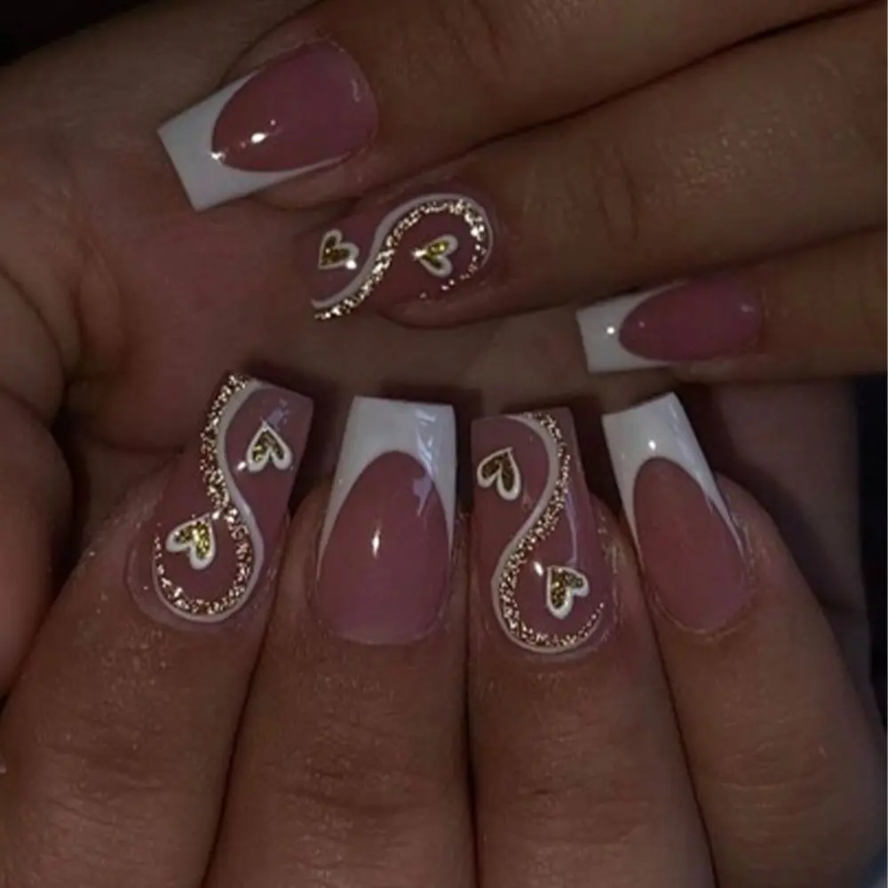 24pcs DIY Nail Art Set, Bean Sand Base Color, French Edge, Gold Sparkle Heart Design, Oval Short Nails, Glossy Finish, Single Item, Glitter Decorative Nails, French Tip Nails, French Tips Nails, Nail Designs