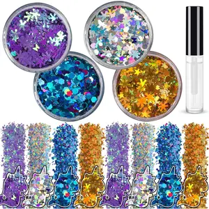 Holographic Chunky Glitter Silver Gold Magic Purple and Purplish Blue Cosmetic Body Hair Face Eye for Festival Carnival Beauty Rave Accessories Different Shapes 4 Pots+ Quick Dry Primer Glue Gel springtok