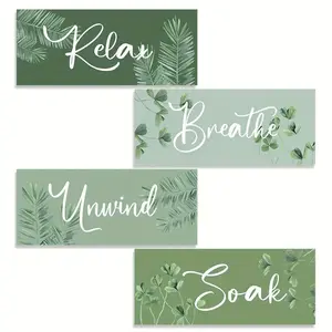 Sage Green Bathroom Wall Decor, 4 Counts/set Letter Pattern Wooden Wall Art, Wood Grain Print, Rustic Wall Decor for Bedroom Living Room Office Decorations, Artistic Ornaments, Home Decor Accessory