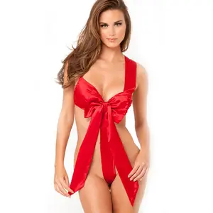 Women's Seamless Plus-Size Statement Lingerie Piece - Nylon Bodysuit with Thong, Red Bow, Crystal Belt, Reversible Velvet Santa Cape, Bridal Temptation & Christmas Party Wear for Lingerie Women