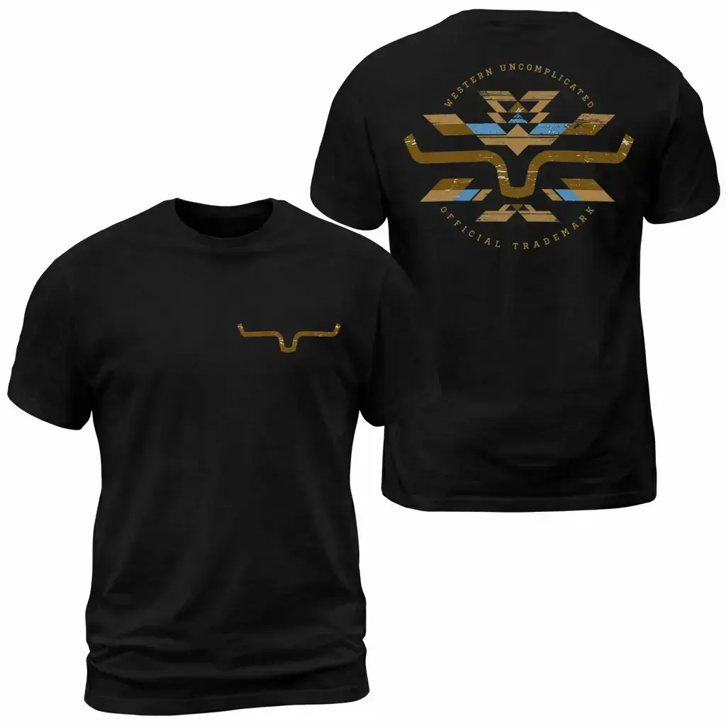 Kimes Ranch Original Horn Logo Aztec Short-Sleeve Retro T-Shirt - Unisex Solid Lightweight Skeleton Western Graphic Top, Breathable Soft Cotton Oversized Distressed Tee, Tribal Back Print, Front Chest Horn Emblem, Cowboy Casual Gift