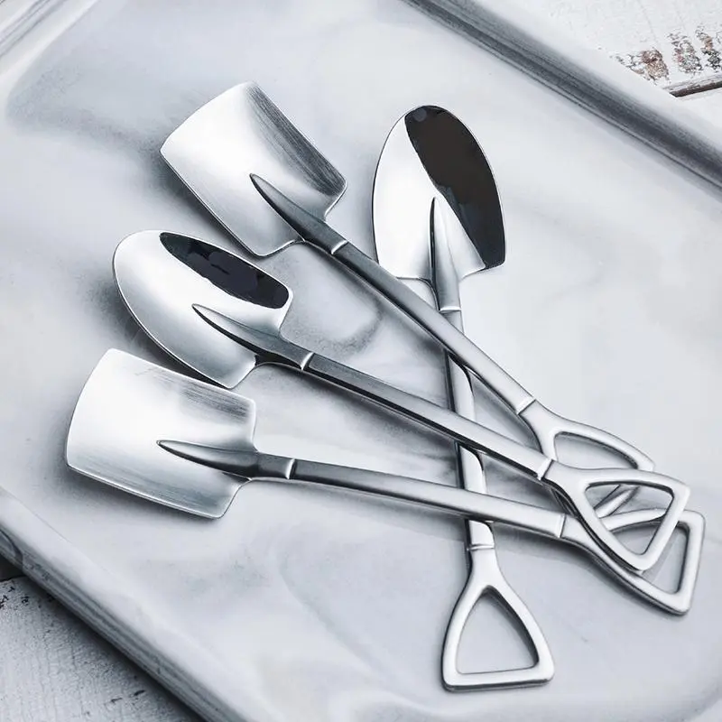 Aliotech Dessert Spoon Set 4 Pcs Shovel Shape Stainless Steel Spoons for Ice Cream Fruit Home Kitchen Restaurant Versatile Usage