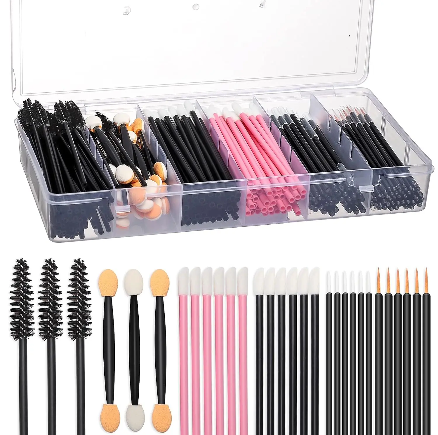 300PCS Disposable Makeup Applicator Kit - Mascara Wands Lip Gloss Applicators Eyeliner Brushes Eyeshadow Sponges Brow Brushes Professional Tools with Storage Box for Salon & Home Use