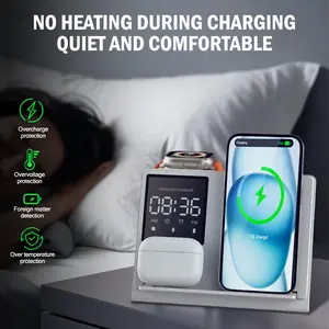 Four in one pixel screen magnetic wireless charger, foldable and compatible with mobile phones, headphones, watches, multiple devices, fast charging, fashionable design, suitable for iPhone, Android, multifunctional with night light, clock, alarm clock