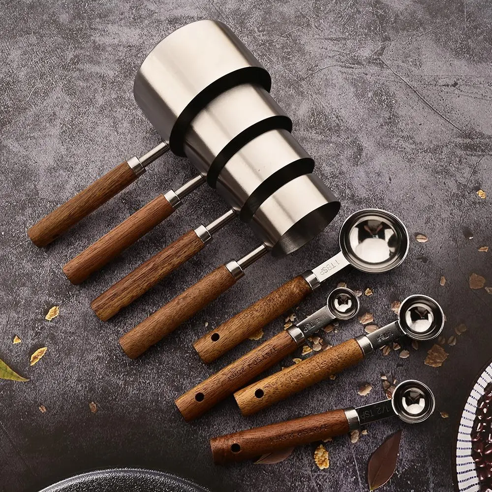 Stainless Steel Measuring Cup 1/4/8 Counts Measuring Spoon, Wooden Handle Measuring Cup & Spoon, Kitchen Measuring Utensils, Kitchen Baking Tool for Home Use
