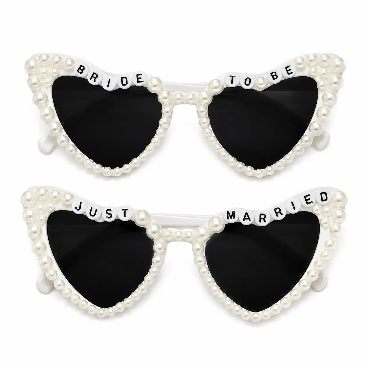 Heart-Shaped Sunglasses for Women, Pearl-Embellished White Bridal Accessories for Bachelorette Party & Wedding - 'Bride to Be' or 'Just Married'