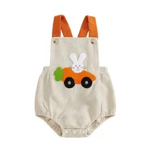 Babamoon Newborn Infant Baby Boy Girl Easter Romper Overalls Carrot Bunny Embroidery Sleeveless Square Neck Jumpsuit Onesie Bodysuit 0-18 Months
