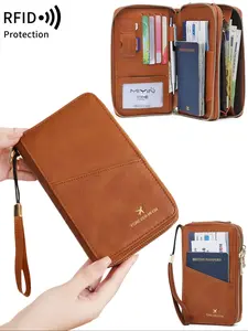 RFID Blocking Travel Wallet, Dual Zipper Design, PU Leather Passport Holder, Passport Cover, Ticket Organizer, Credit Card Case, Document Bag, Family Trip File Manager