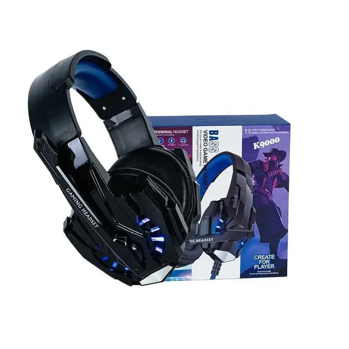 K9000 Stereo Gaming Headset for PS5, PS4, PC, Xbox One Controller, Noise Cancelling Over Ear Headphones with Mic, LED Light, Bass Surround, Soft Memory Earmuffs - Blue
