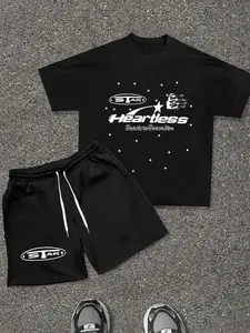 Men's 2PC "Star Heartless" Y2K Cyber Print T-Shirt & Shorts Set, Cotton, Lightweight, Breathable, Soft Comfort, Streetwear, Casual Outfit For Summer, Vacation, Daily Wear & Outdoor Activities
