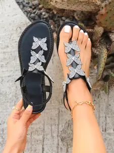Trendy Rhinestone Butterfly Toe Thong Sandals Women, Flat Elastic Band Boho Beach Shoes, Perfect for Vacation