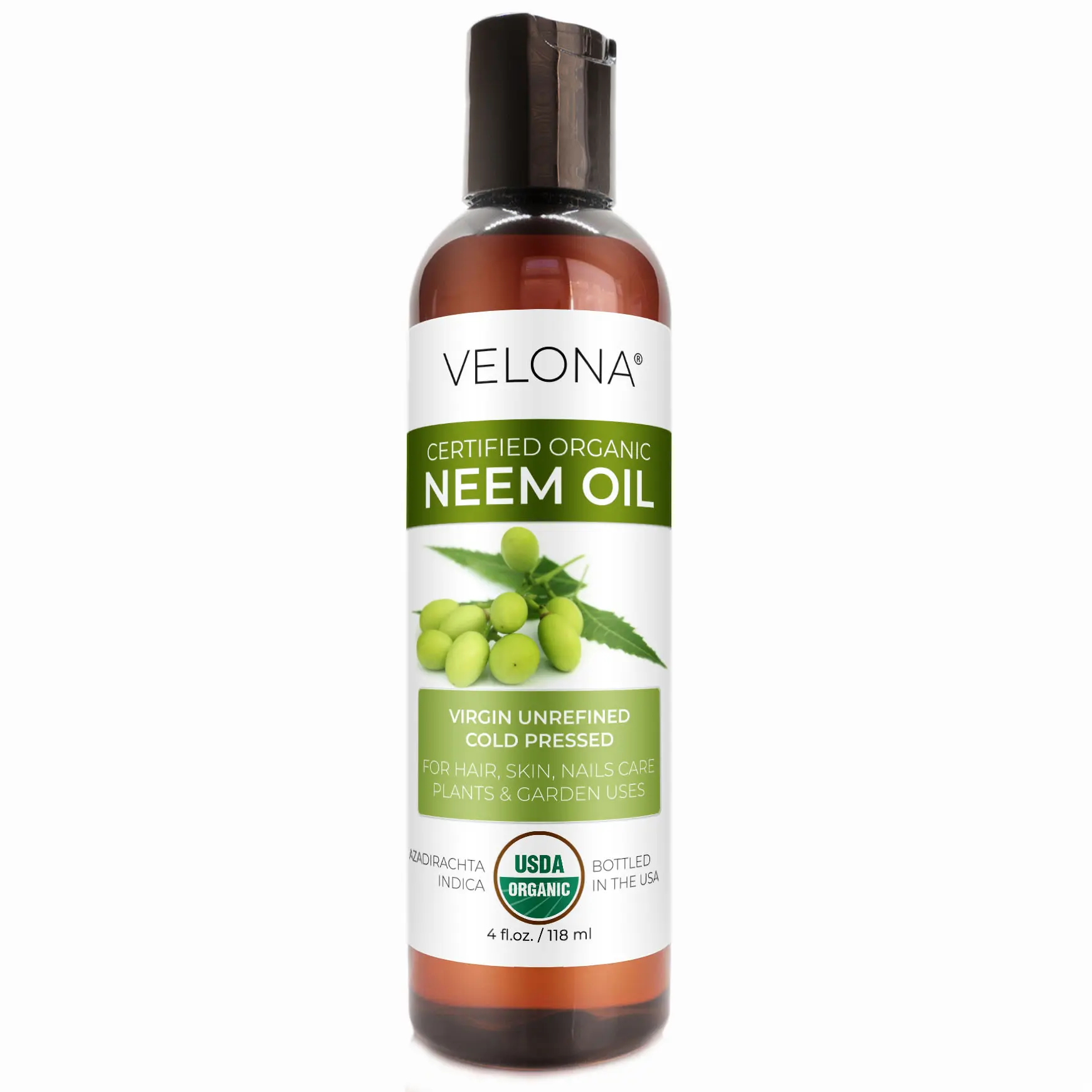 velona Neem Oil USDA Certified Organic - 4 fl oz | 100% Pure and Natural Carrier Oil | Virgin, Unrefined, Cold Pressed | Hair, Body and Skin Care