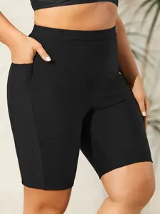 BLOOMCHIC Plus Size High-Rise Slim-Cut Textured Look Nylon Blend Sculpting Swim Bottoms with Side Pockets, Multi-Size [M-6X], Swimwear Shorts, Plus Size Swimsuits 2026 Summer Vibes Swimmingshorts summerwins Swimtrunks