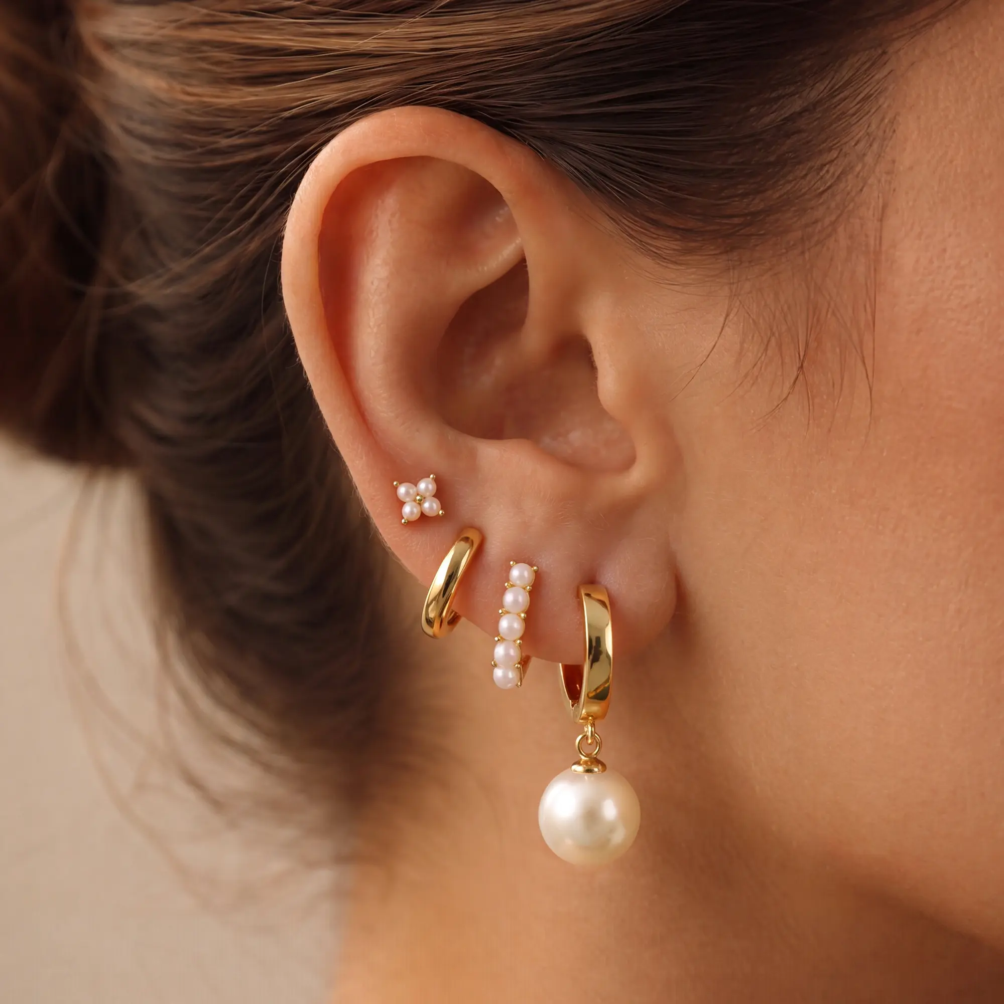 Dearmay Pearl Earrings for Women 14K Gold Plated Gold Hoop Earring Stacks Earring Set Waterproof Hypoallergenic Jewelry Gift for Girls