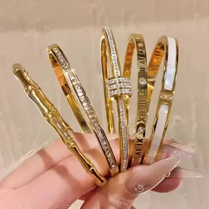 NEW 18K Gold-Plated Stainless Steel Waterproof Rhinestone Decorated Bangle Elegant Fashionable Jewelry Gift for Women & Girls