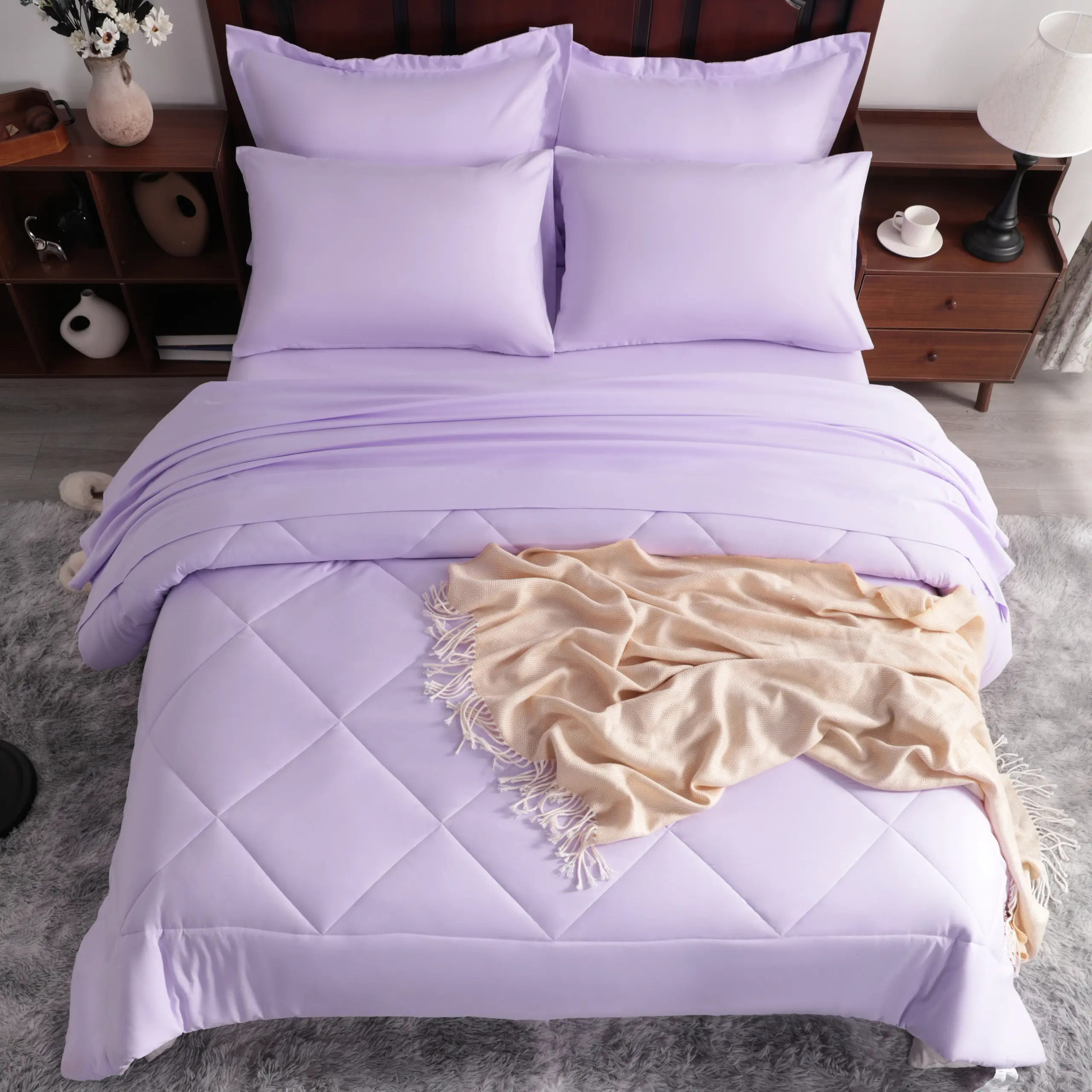NTBAY 5/7 PCS Comforter Set, Soft and Breathable Bedding Set, Bed in a Bag, Down Alternative Comforter Set Solid Color All Season, Soft Fluffy, Hotel Luxury, Include Quilted Comforter& Fitted Sheet& Flat Sheet& Pillowcases, Back to School, Gift