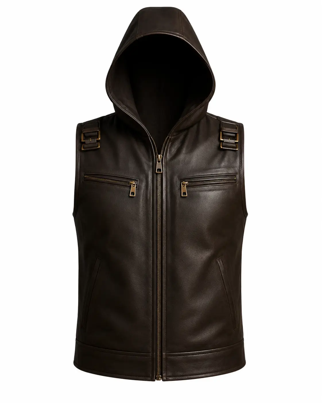 Men's Hooded Leather Vest Dark Brown Zipper Slim Fit Casual Streetwear Sleeveless Vest