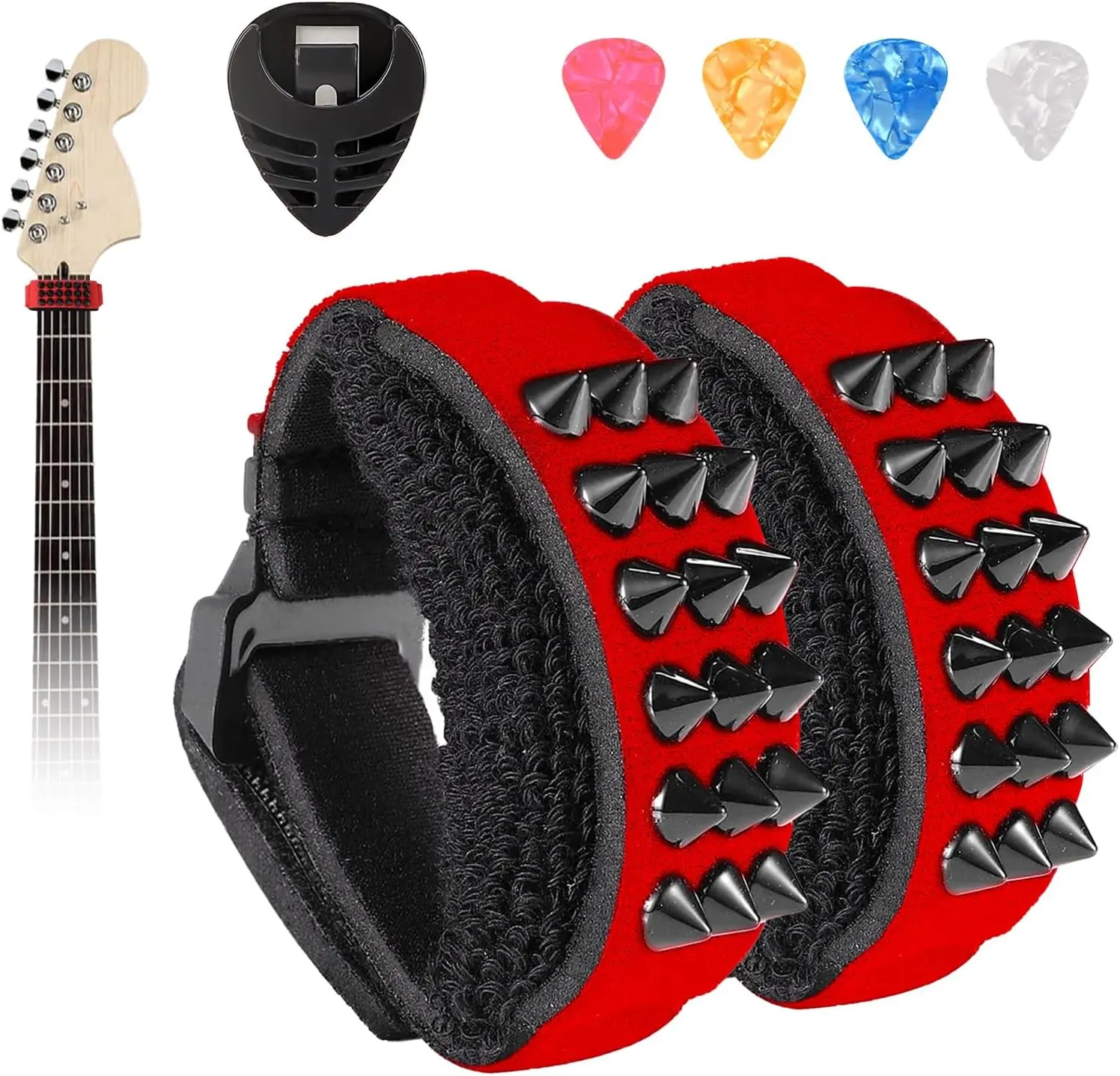 2 count Guitar String Mute Damper, Guitar Mute Strap, Fretboard Mute Band, Guitar String Cover Strap, Noise-Free Playing, for Acoustic, Electric and Bass Guitars, PKY Red
