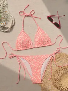 Two-piece Set Women's Ditsy Floral Print Halter Bikini Set, Tie Back Triangle Swim Bra & Tie Side Swim Panty, Fashion Chic Swimwear Set Bathing Suit Bikini for Beach Holiday Vacation