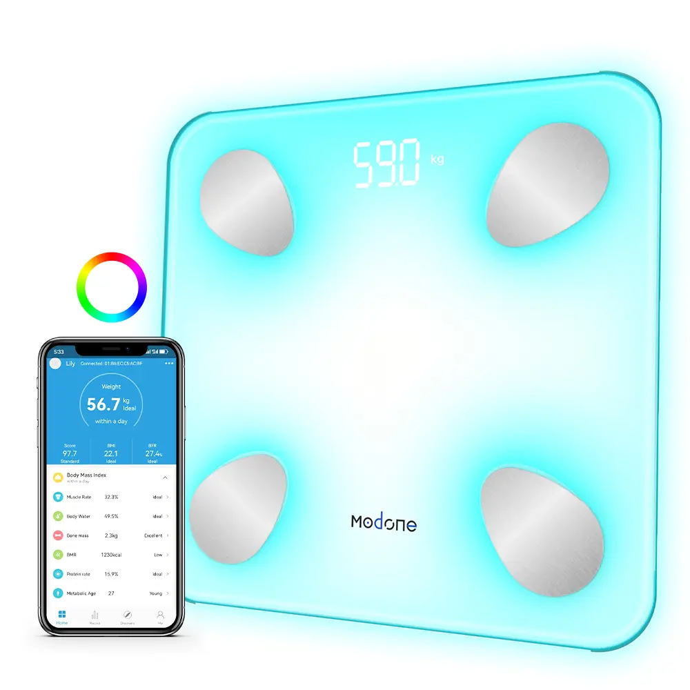 MODONE Smart Scale for Body Weight, Digital Bathroom Scale for BMI and Body Fat, 7-Color Glowing Remote Display, Body Composition Scale with Smartphone App