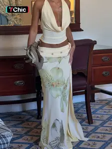 Women's Backless Halter Top & Floral Print Skirt Two-piece Set, Sleeveless Top & Skirt Set, Ladies Summer Clothes Beach Outfits Set for Beach Holiday Vacation