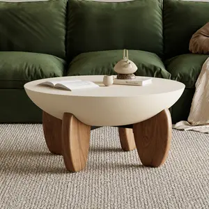 Homary Curva Round Concrete Coffee Table - Walnut Accents, Wood Legs - Modern Indoor Living Space Accent Table