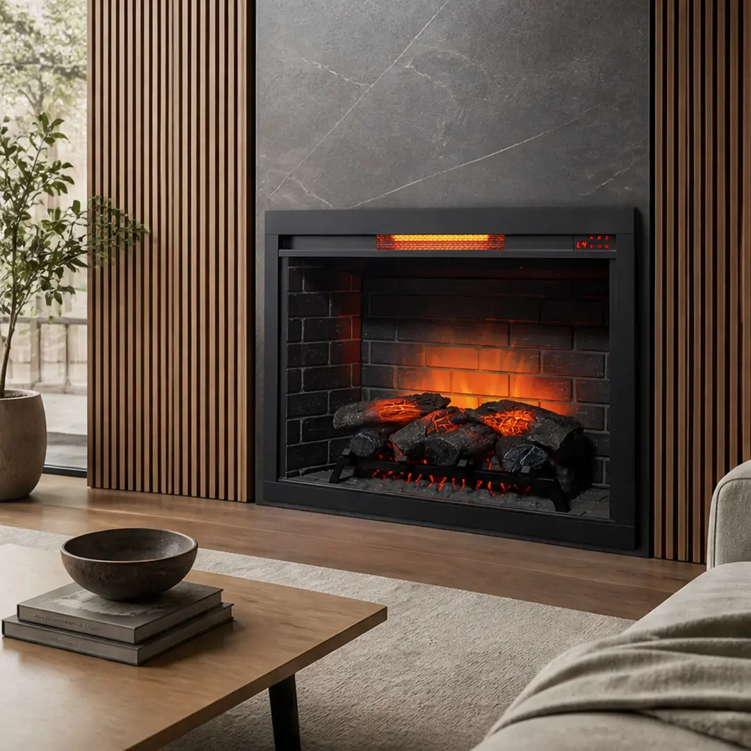 33 Inch Infrared Electric Fireplace Insert with Remote, Antique Black Tempered Glass & Sheet Metal, 1500W Heater for 400 Sq Ft, 5 Flame Brightness Levels, 3 Flame Speeds, 1-9H Timer, 64-82°F Thermostat, Vent Free, Powder Coated