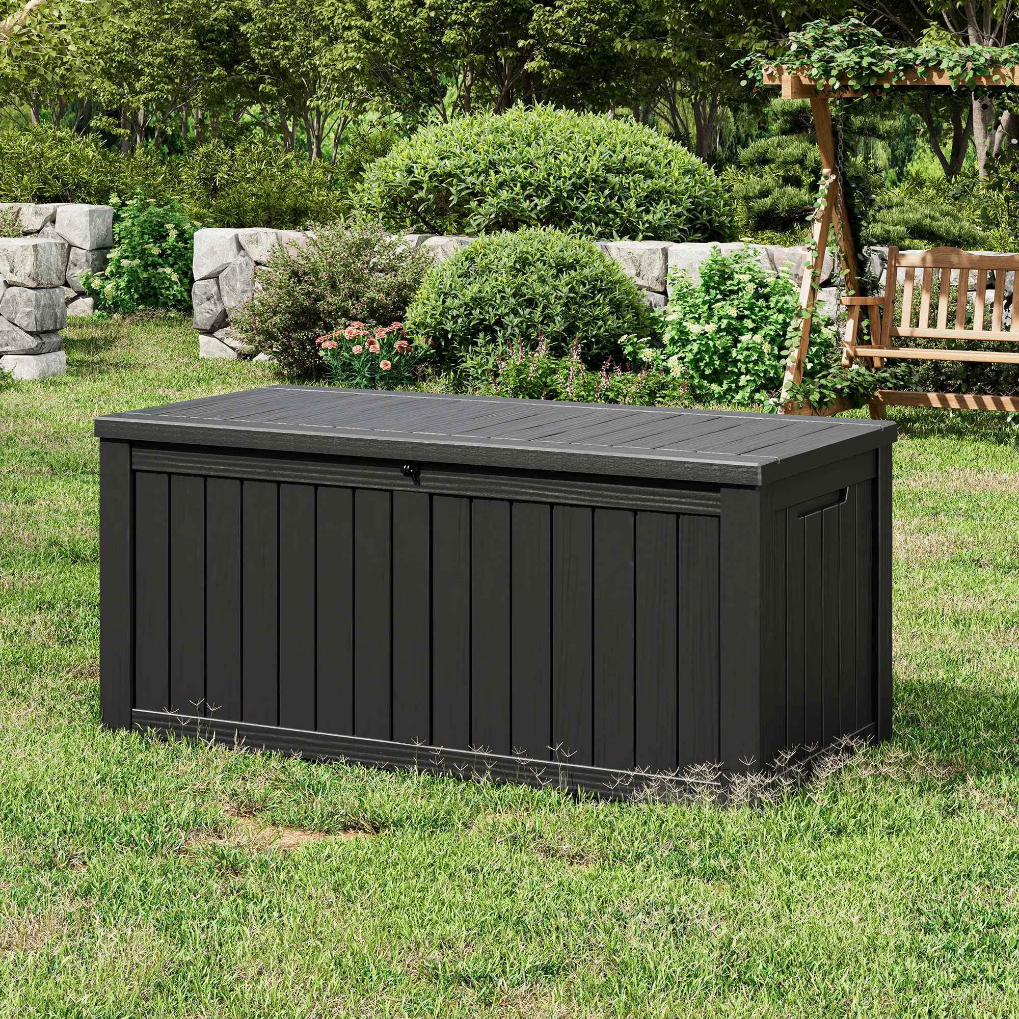 120 Gal Lockable Outdoor Storage Box, Waterproof UV-Proof Resin Deck Bin with Hydraulic Lid, Summervibes Patio Storage Chest for Backyard & Poolside