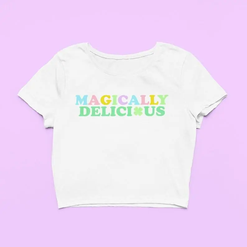 Magically Delicious Crop Top  Cute Clover Fitted Graphic Top  Y2K Baby Tee  Gift For Girlfriend  St Patricks Day Gift For Her