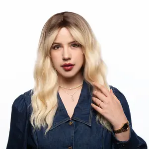 22.5-Inch Light Yellowish Blonde Ombré (Brown Roots) Gentle Waves Synthetic Wig | 【Heat Resistant】【Cap Included】 |