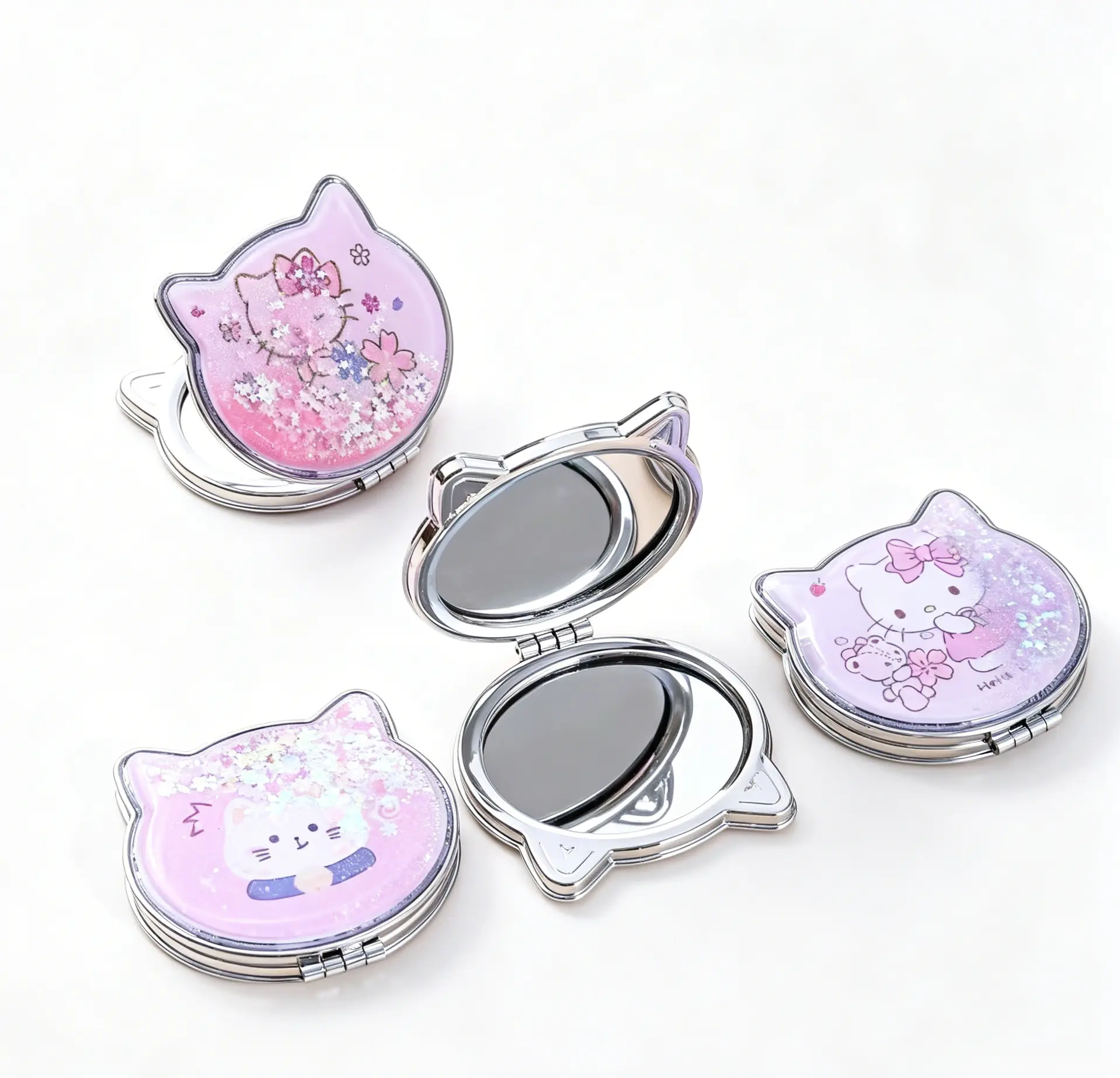 Officially Licensed Sanrio Hello Kitty Sand-Filled Flip-Top Compact Mirror, Double Sided Pocket Makeup Mirror with Floating Glitter Quicksand
