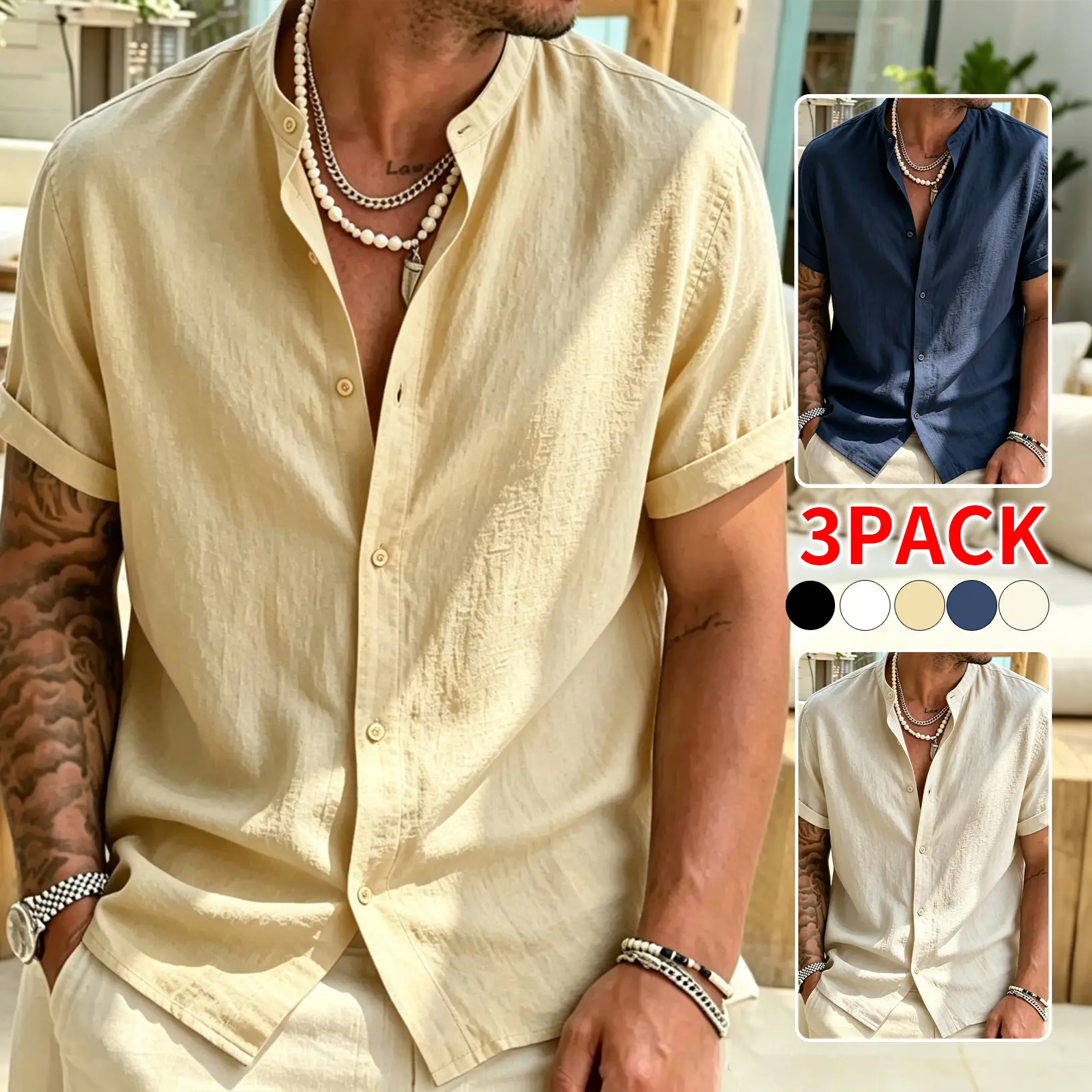 Men’s Linen-Cotton Fabric Short-Sleeve Shirts, Mandarin Collar, Loose Fit, Rollable Cuffs, Textured Breathable Solid-Color, Available in 1 or 3-Pack, Ideal for Beach Vacations & Daily Commutes