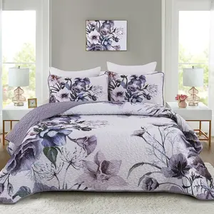 Floral Quilt Set Queen King 3 Pieces Boho Purple Quilt Coverlet Set Soft Microfiber Lightweight Purple Floral Quilted Bedspread for All Season 90"x96"