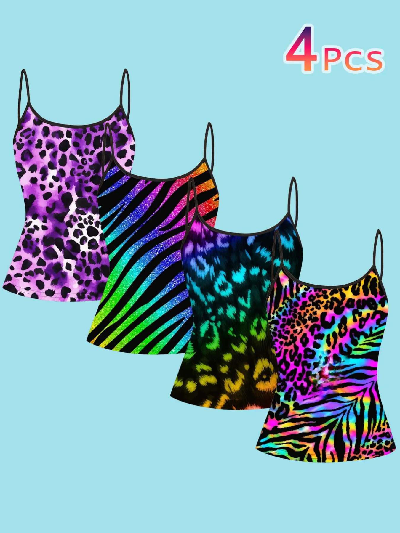4 Piece Set Colorful Animal Pattern Print Strapless Womenswear Tank Tops, Casual Fashion Sleeveless, Leopard Zebra Sequins Inner Layer Outer Wear, Casual Slim Fit All Seasons