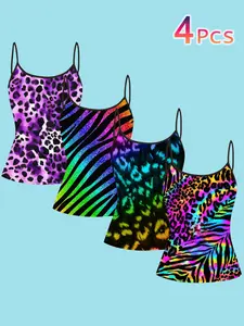4 Piece Set Colorful Animal Pattern Print Strapless Womenswear Tank Tops, Leopard Zebra Sequins Inner Layer Outer Wear, Casual Slim Fit All Seasons