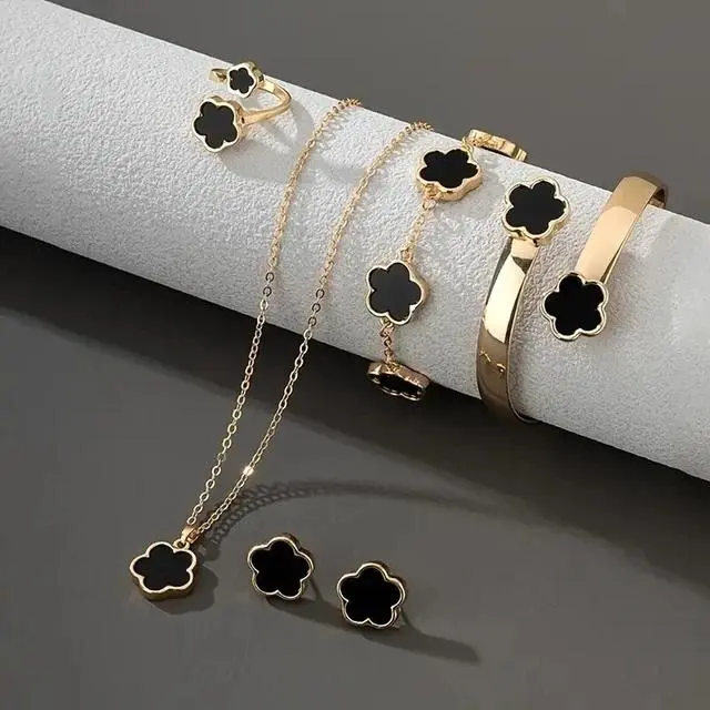 5-PCS Lucky Flower Design Pendant Jewelry Set - Charm Necklace, Ring, Bracelet, Earrings, Dainty Matching Accessories for Everyday Casual Wear (Party Bags & Gifts Essential)