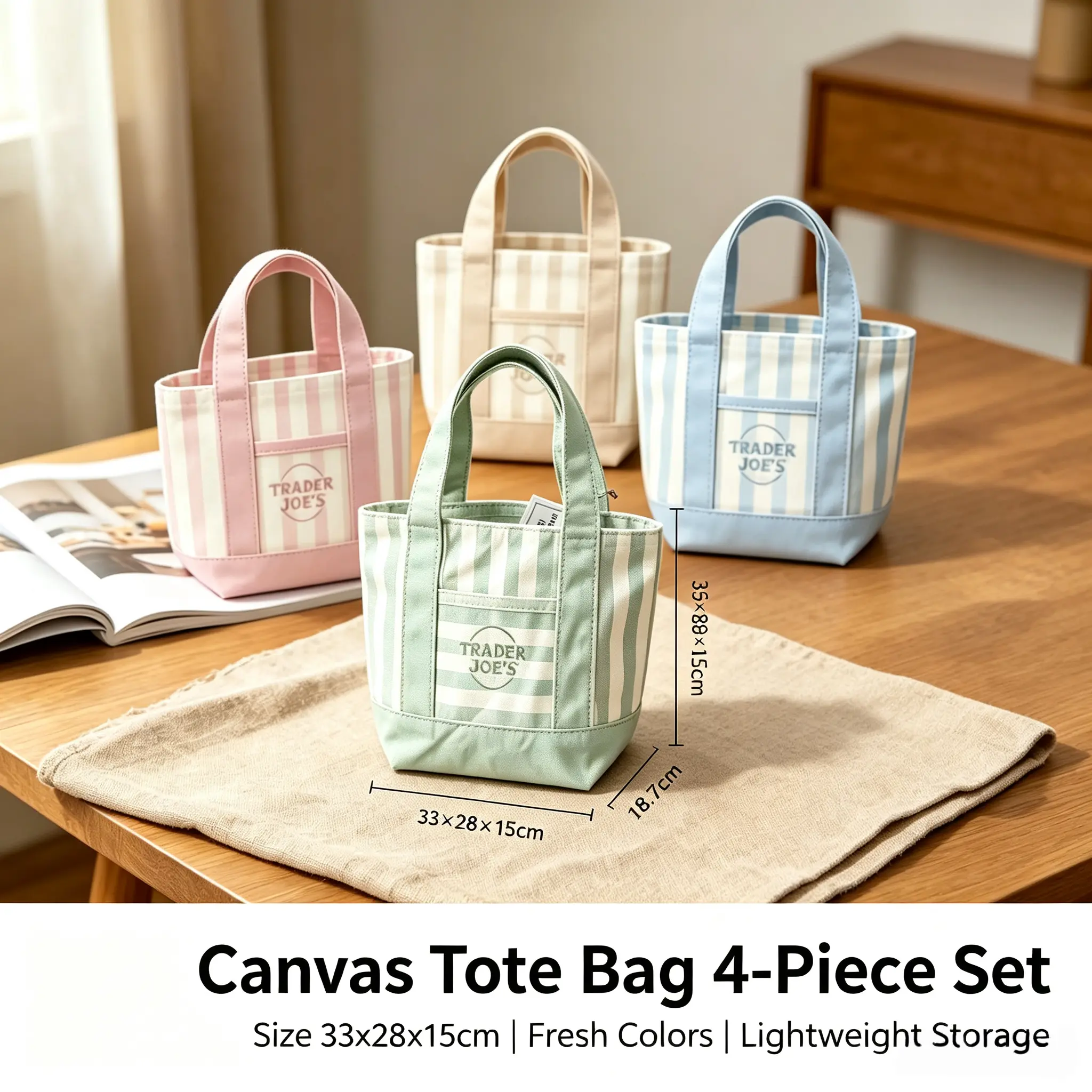 4/1Piece Pastel Striped Canvas Tote Bag Set, Reusable Eco-Friendly Shopping Handbag, Casual Mini Lunch Bag and Storage Organizer for Daily Errands