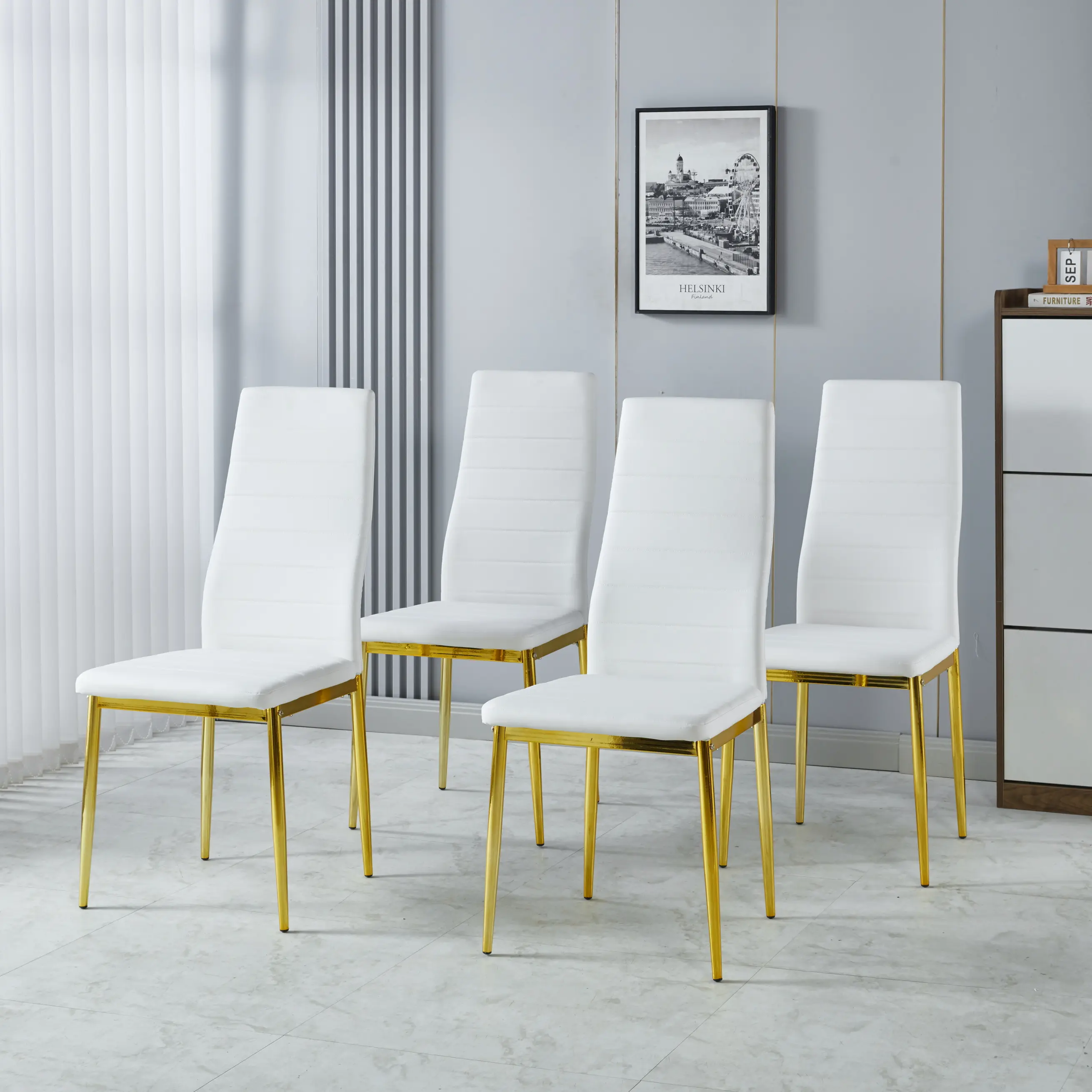 4-Piece Dining Chair Set with Metal Chair Frame, Golden Color Legs, White Seats, Dining Chairs