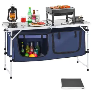 VEVOR Camping Kitchen Table,  Folding Outdoor Cooking Table, 3 Adjustable Height, Aluminum Lightweight Portable Cook Station with Storage Organizer, Carry Handle, for BBQ Party Picnic RV Travel, Blue